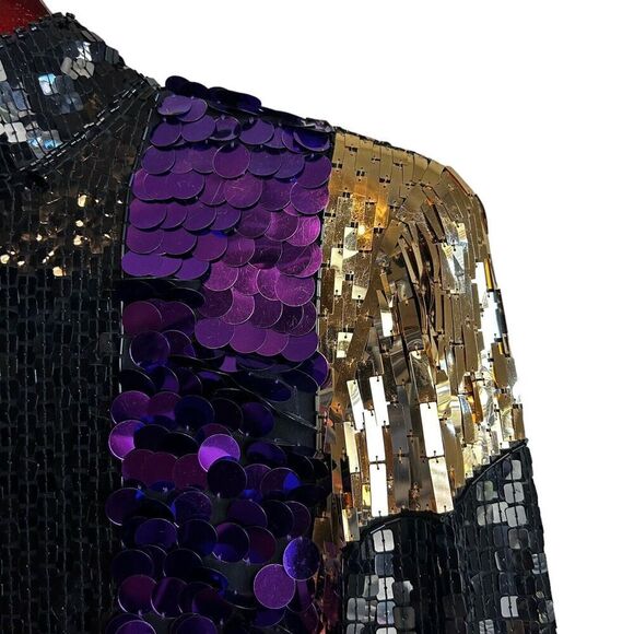 CEDARS VINTAGE SILK SEQUIN PARTY DRESS SIZE 4 Gold Purple Mini Long Sleeve 80s - Picture 10 of 16